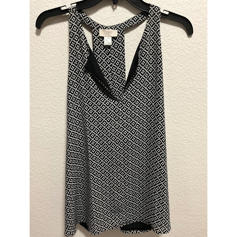 Loft Outlet Womens Large Black White Geometric Racerback Tank Top V-Neck Blouse